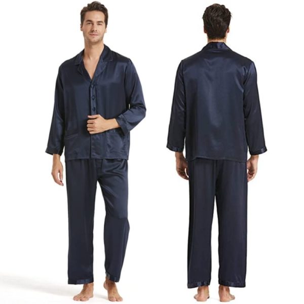 mens blue pure silk long sleeve pyjamas